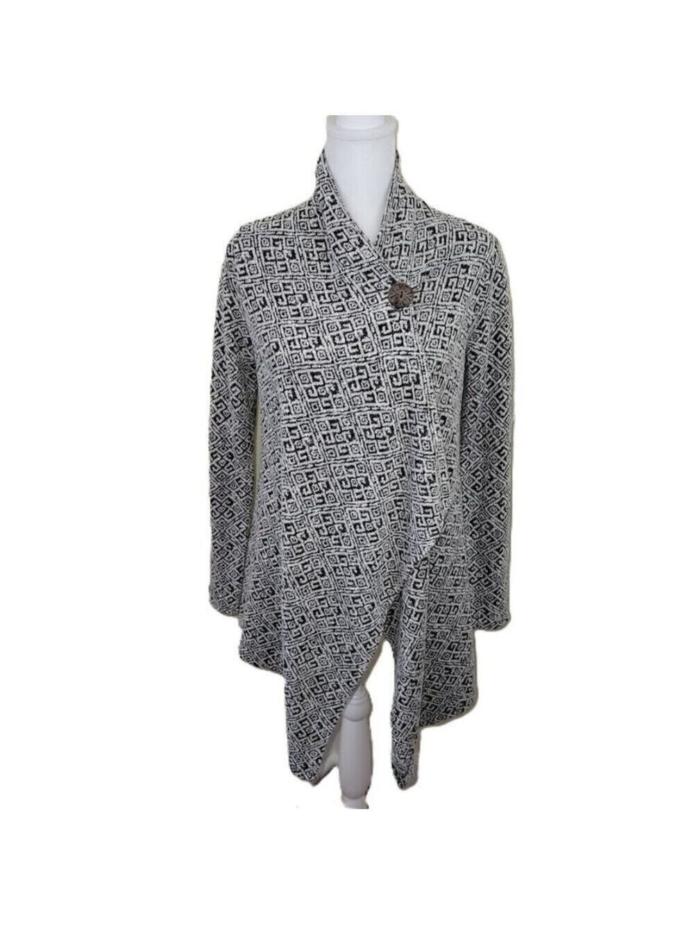 Bobeau One Button Wrap Cardigan Sweater Black White Patterned Knit Women's SZ S